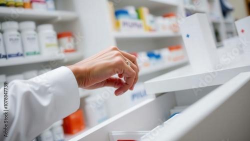 Pharmacist Hand Reaching for Medicine Bottle in Pharmacy, White Coat, Shelves with Prescription Medications, Healthcare Setting