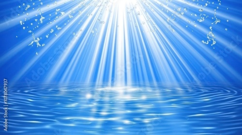 A serene blue background with rays of light illuminating rippling water.