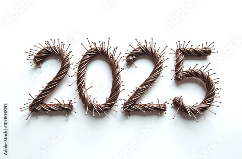 Creative 2025 concept made with needles and pins on white background