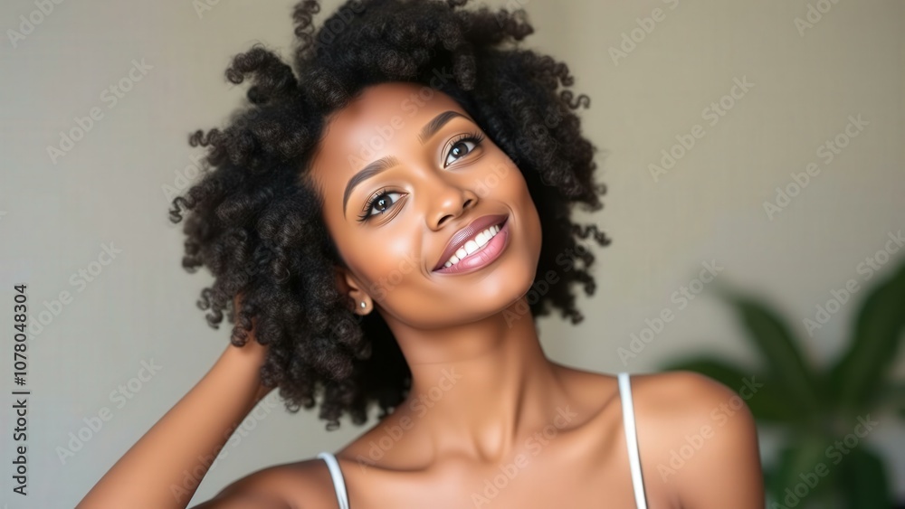 Beautiful Black Woman with Curly Hair Smiling: Perfect for Diversity and Inclusion Campaigns, Advertising, and Social Media Posts Beautiful Black Woman with Curly Hair Smiling: Perfect for Diversity and Inclusion Campaigns, Advertising, and Social Media Posts