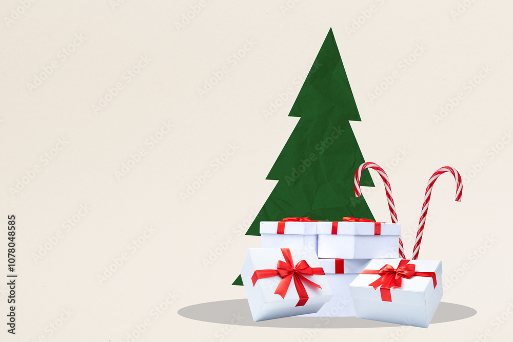 Gift boxes and candy cane with christmas tree on colored background Gift boxes and candy cane with christmas tree on colored background