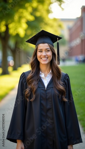 Graduate woman in a proud mood wearing a cap and gown in a sunny university campus setting