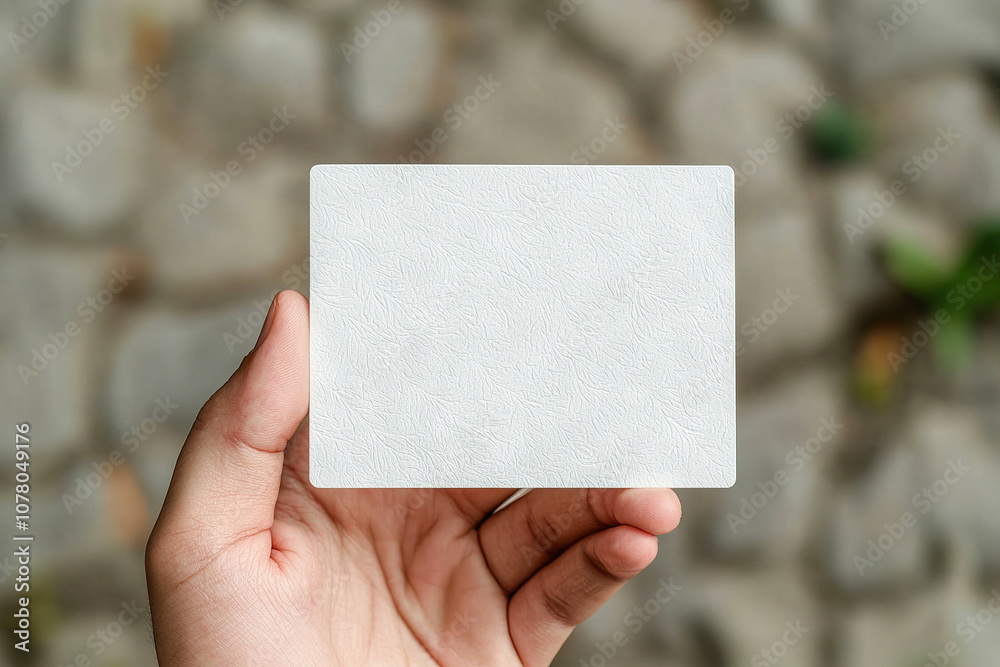 person holding blank white card with textured surface outdoors. background features stone pathway and greenery, creating serene atmosphere person holding blank white card with textured surface outdoors. background features stone pathway and greenery, creating serene atmosphere