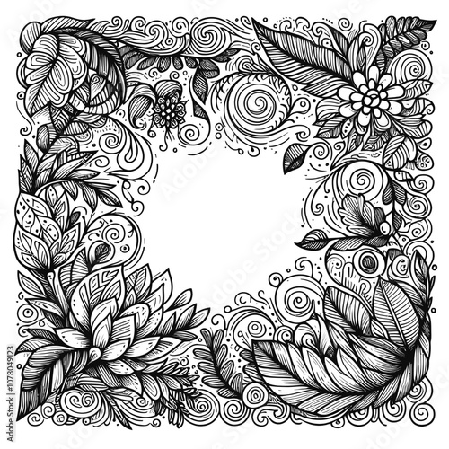 Hand-drawn square border with doodle-like swirls and floral shapes vector