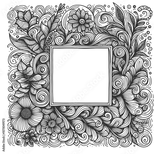 Hand-drawn square border with doodle-like swirls and floral shapes vector