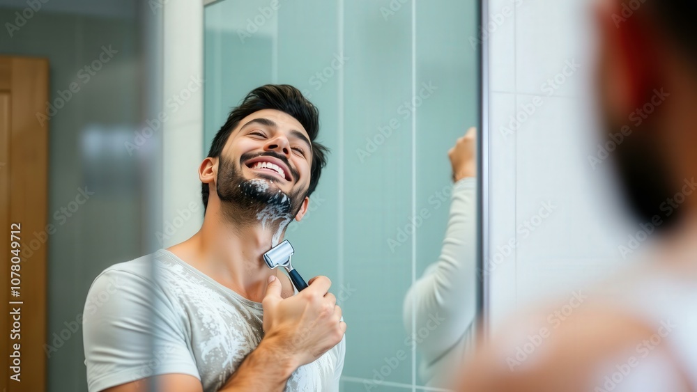 Man Shaving in Bathroom Mirror, Happy Expression, Modern Grooming Routine, Perfect for Health and Beauty Product Advertisement Man Shaving in Bathroom Mirror, Happy Expression, Modern Grooming Routine, Perfect for Health and Beauty Product Advertisement