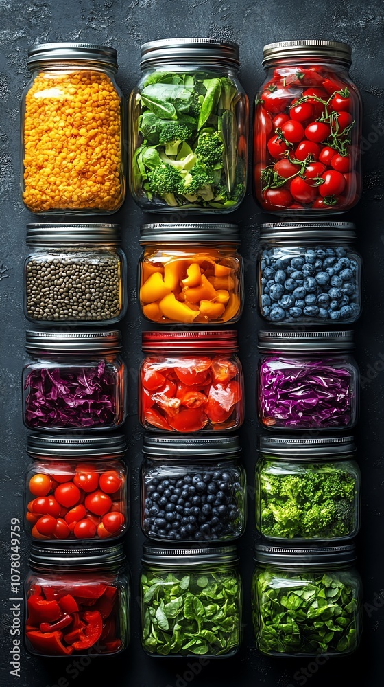 A rainbow of fresh produce in glass jars. A rainbow of fresh produce in glass jars.