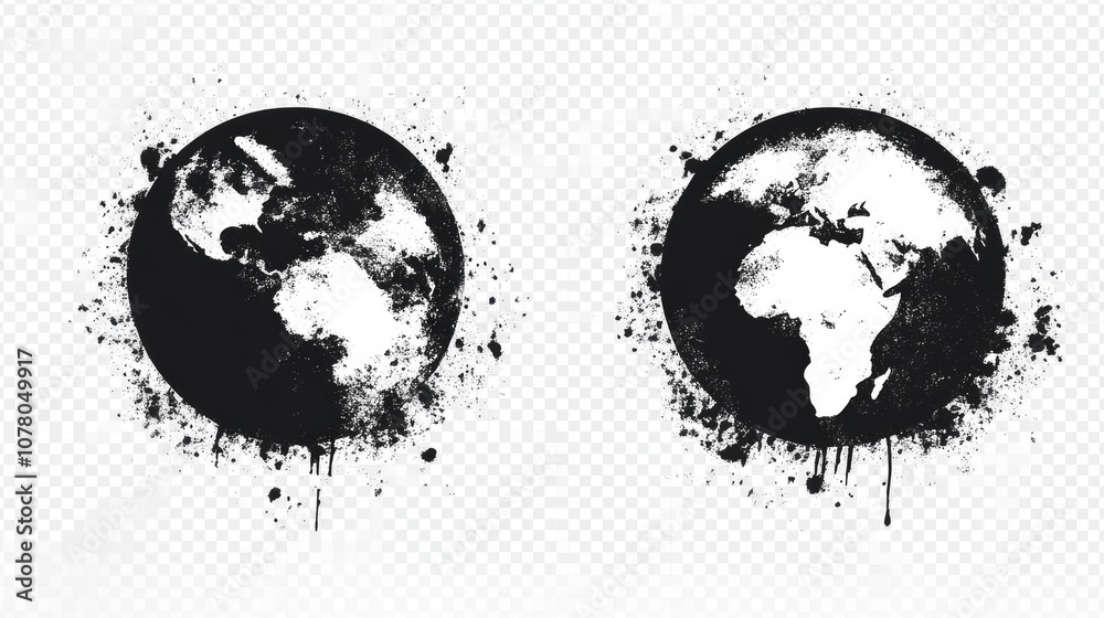 Two black and white globes with paint splatters and drips, representing the world. Two black and white globes with paint splatters and drips, representing the world.