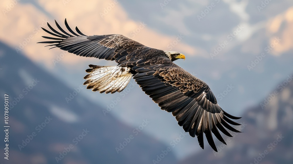 Fototapeta premium A majestic eagle soars against a backdrop of mountains, showcasing its impressive wingspan and striking plumage in the sunlight.