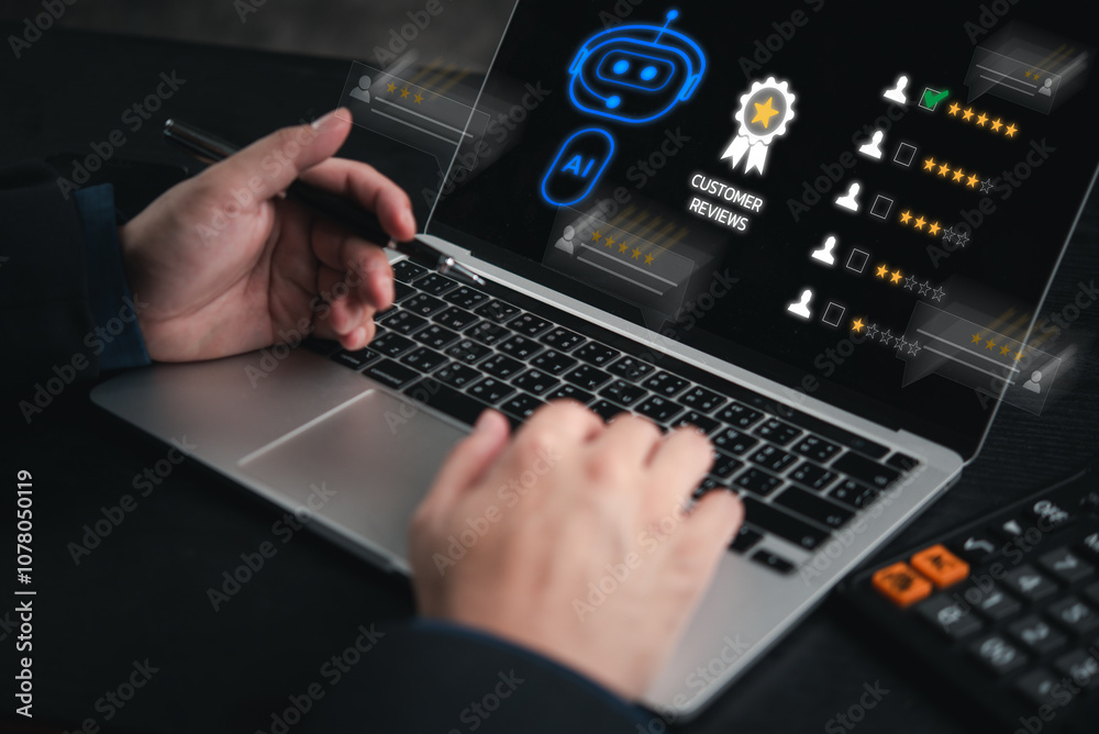 A person interacts with a customer review system on a laptop using AI-driven feedback tools. A person interacts with a customer review system on a laptop using AI-driven feedback tools.