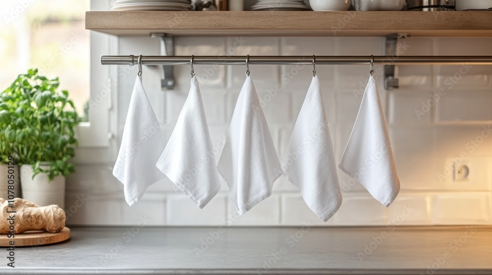 White Kitchen Towels Hanging on a Rail White Kitchen Towels Hanging on a Rail