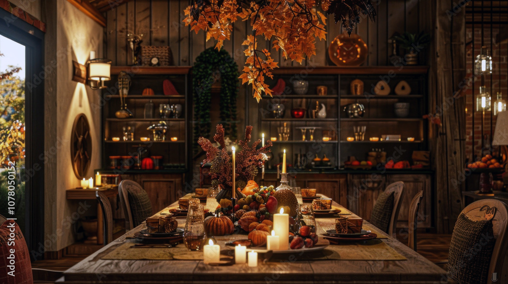 Obraz premium A rustic dining room is beautifully set for Thanksgiving, featuring seasonal decorations, warm candlelight, and a large wooden table
