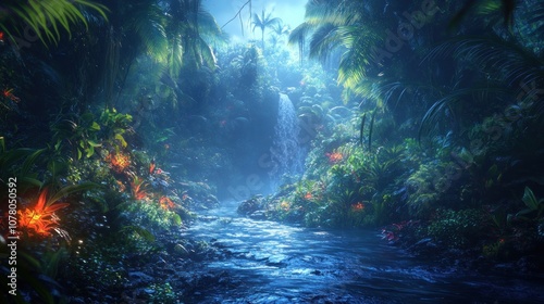 A serene jungle scene featuring a waterfall and vibrant foliage illuminated by soft light.