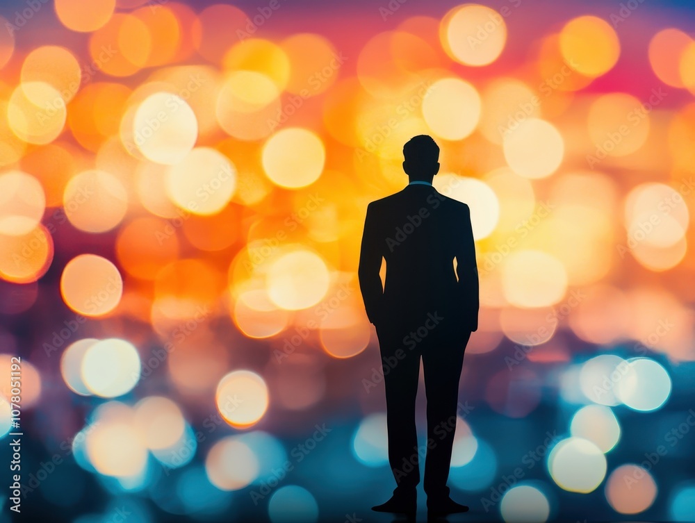 Silhouette of speaker against bright lights, focus on commanding presence, influential public speaking, futuristic, overlay, media event backdrop Silhouette of speaker against bright lights, focus on commanding presence, influential public speaking, futuristic, overlay, media event backdrop
