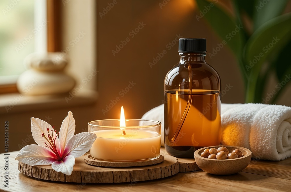 Aromatic oil, candle, towel and flower in the spa room. Aromatherapy treatment Aromatic oil, candle, towel and flower in the spa room. Aromatherapy treatment