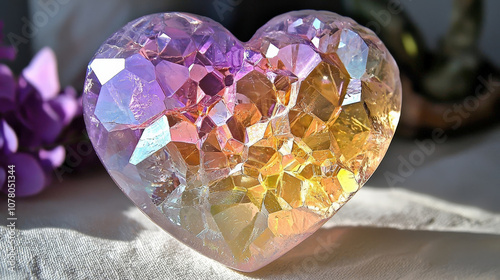 close up of crystalline heart showcasing its intricate facets and vibrant colors, reflecting light beautifully. This stunning piece adds touch of elegance to any setting
