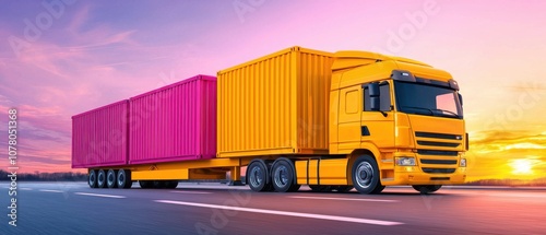 A vibrant yellow truck transporting colorful containers during a sunset.