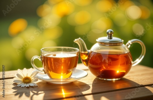 Chamomile tea in a glass cup and teapot on a background of nature. Herbal drink for health and vitality