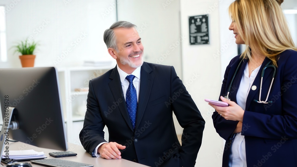 Professional Business Meeting Between Doctor and Executive in Modern Office Setting, Ideal for Corporate and Medical Concepts Professional Business Meeting Between Doctor and Executive in Modern Office Setting, Ideal for Corporate and Medical Concepts