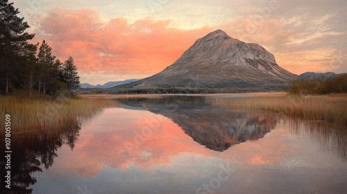 Serene landscape featuring a mountain reflecting in calm waters under a colorful sky.