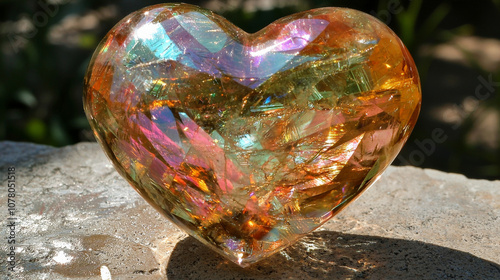 close up of crystalline heart showcasing its intricate patterns and vibrant colors, reflecting light beautifully. This stunning piece captures essence of elegance and artistry
