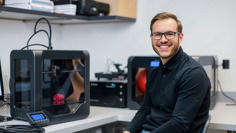 Man in Black Sweater Smiling Next to 3D Printer in Office Setting, Ideal for Tech and Innovation Themed Stock Photos