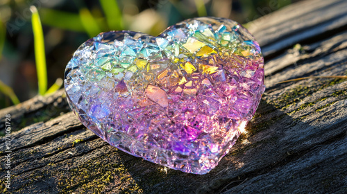 close up of crystalline heart showcasing its sharp jagged edges and vibrant colors, resting on wooden surface surrounded by greenery. heart reflects light beautifully, creating mesmerizing effect
