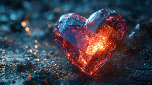 close up of crystalline heart showcasing its sharp facets and vibrant colors, illuminated by warm glow, creating captivating and emotional atmosphere