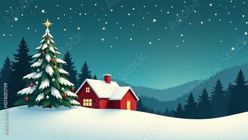 Winter landscape with christmas tree red house stars in blue dusky sky space for text holiday background wallpaper seasonal backdrop christmas backdrop 