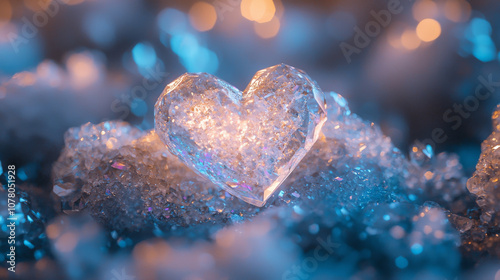 crystalline heart surrounded by shimmering blue crystals, creating magical atmosphere. heart transparency reflects light beautifully, enhancing its charm