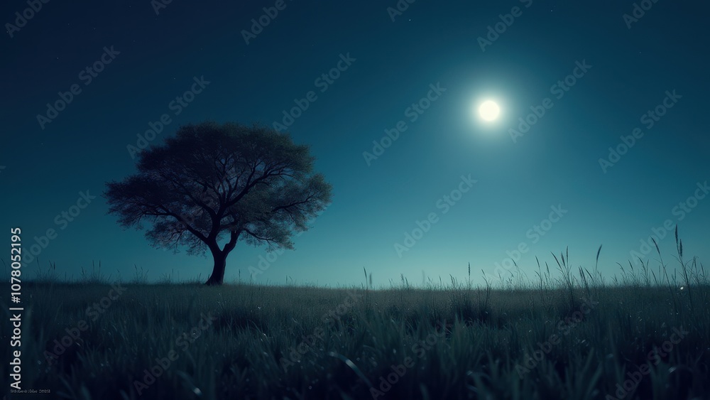 Star with silhouette landscape for peaceful themes. A solitary tree stands in a grassy field, illuminated by moonlight under a starry night sky, creating a serene atmosphere. Star with silhouette landscape for peaceful themes. A solitary tree stands in a grassy field, illuminated by moonlight under a starry night sky, creating a serene atmosphere.