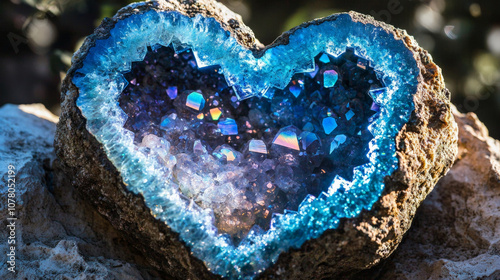 crystalline heart embedded in geode with iridescent blue crystals, showcasing natural beauty and intricate details