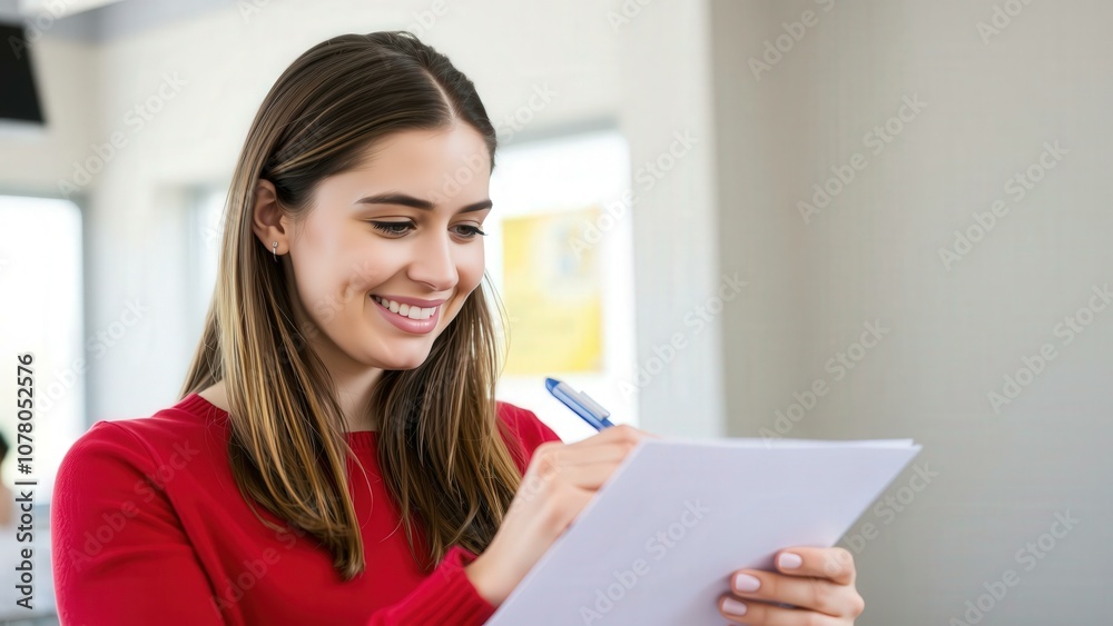 Happy Young Woman in Red Sweater Writing in Notebook - Perfect for Inspirational and Motivational Content Happy Young Woman in Red Sweater Writing in Notebook - Perfect for Inspirational and Motivational Content