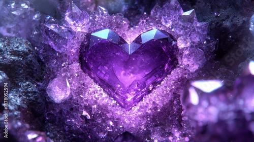 crystalline heart emerging from geode, surrounded by iridescent purple crystals, creating magical and enchanting atmosphere
