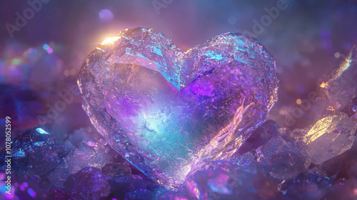 crystalline heart emerging from geode, shimmering with iridescent colors, surrounded by sparkling crystals and mystical glow