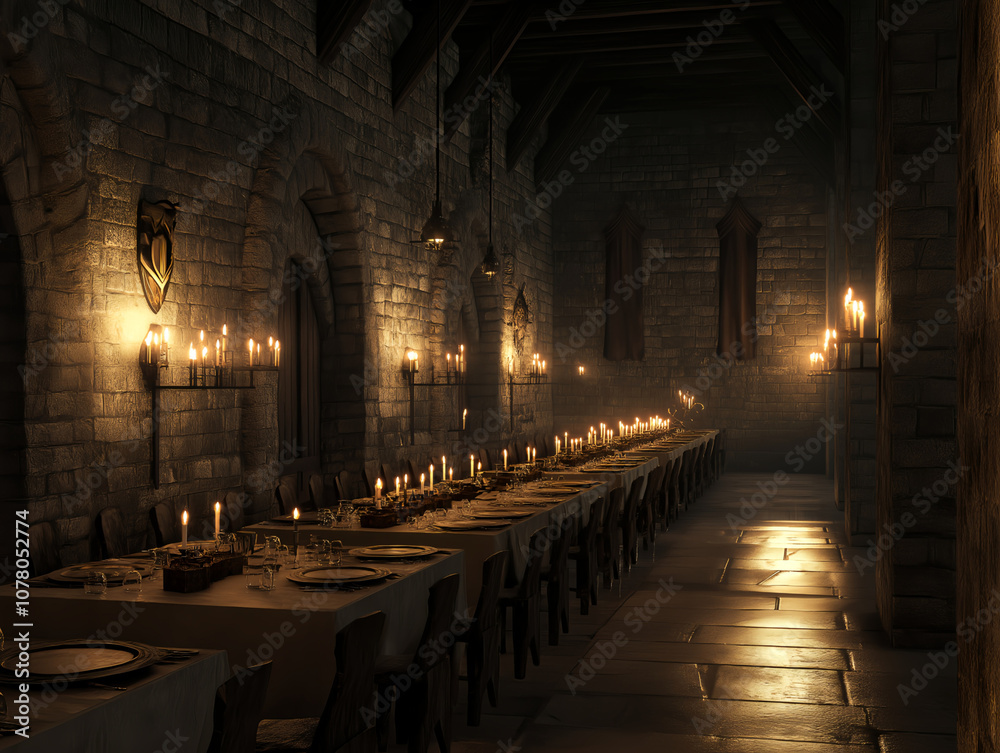 Obraz premium historic dining hall with stone walls and wooden tables