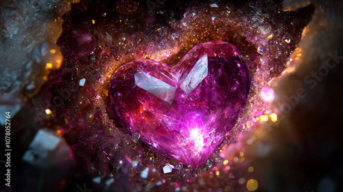 crystalline heart glowing with iridescent light, surrounded by sparkling gems and minerals, creating magical atmosphere