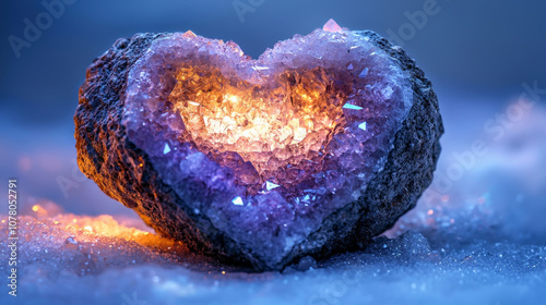 crystalline heart glowing with iridescent light, surrounded by shimmering crystals, creates magical and enchanting atmosphere. vibrant colors and textures evoke sense of wonder and beauty