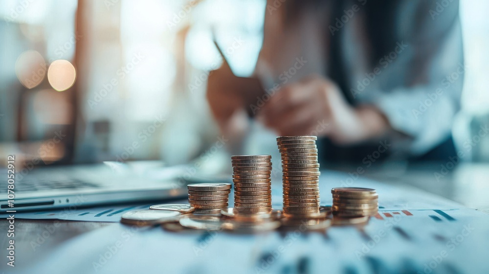 Close-up of coins stacked on financial documents and a person analyzing data. Close-up of coins stacked on financial documents and a person analyzing data.