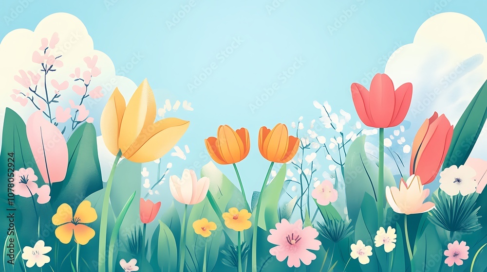 Springtime Landscape with Blossoming Trees and Rolling Hills Springtime Landscape with Blossoming Trees and Rolling Hills
