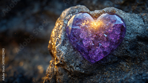 stunning crystalline heart made of amethyst resting on rocky surface, radiating light and beauty. intricate details of geode create mesmerizing effect