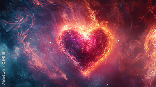 crystalline heart pulsing with iridescent light, surrounded by vibrant colors and cosmic elements, evokes sense of wonder and emotion