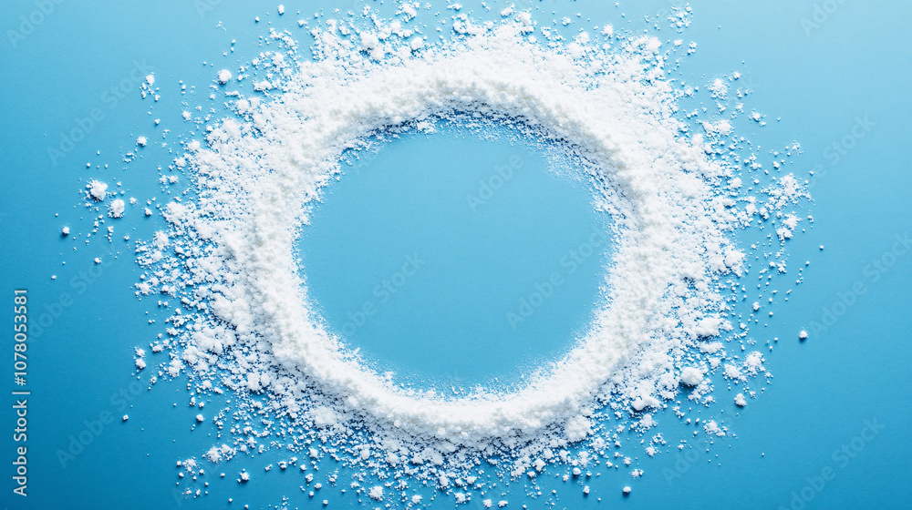 Mystical Powder Circle on Blue Surface, Abstract White Powder circle Pattern on Blue, White Powder Ring on Bold Blue Background. Mystical Powder Circle on Blue Surface, Abstract White Powder circle Pattern on Blue, White Powder Ring on Bold Blue Background.