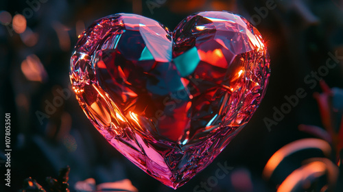 single crystalline heart, perfectly formed, radiating vibrant colors and light, surrounded by soft, blurred background. This stunning piece captures essence of love and beauty