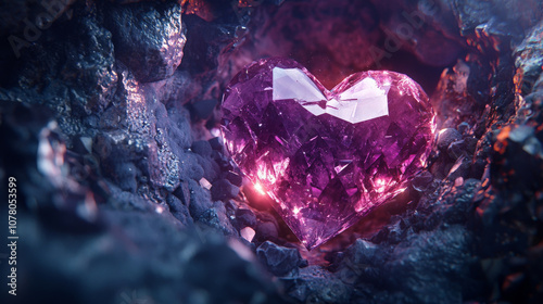 macro shot of crystalline heart glowing with iridescent light, surrounded by dark minerals, creating captivating and enchanting atmosphere