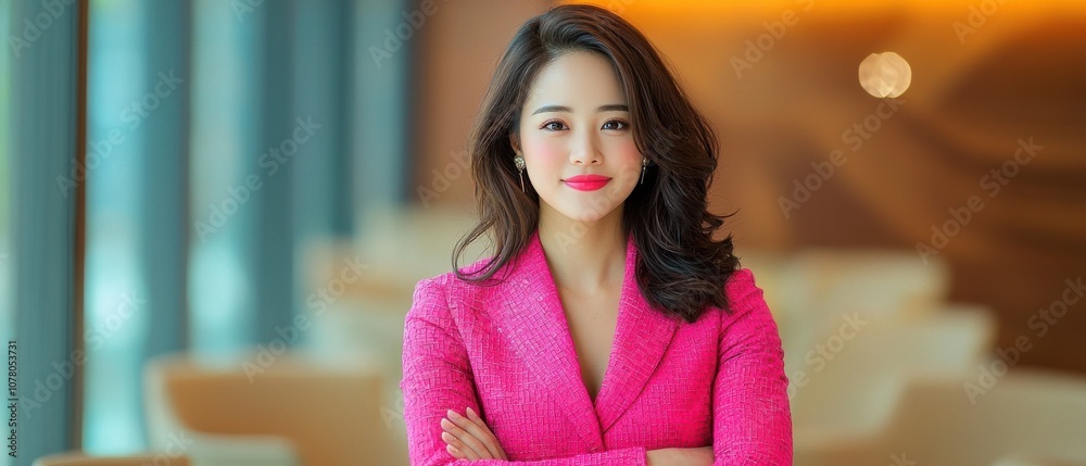 Fototapeta premium Confident businesswoman in pink attire, posing with arms crossed in a modern office.