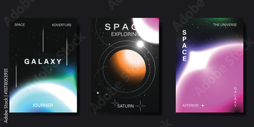 Planet and galaxy Space card vector set. Solar system with galaxy planets, asteroids, jupiter, saturn, mars, moon, ring line solar. Cosmic design for flyer, brochure, background, poster, cover.