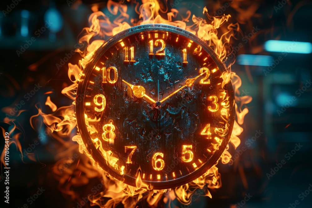 A clock face with glowing numbers surrounded by flames. AI generative. . A clock face with glowing numbers surrounded by flames. AI generative. .
