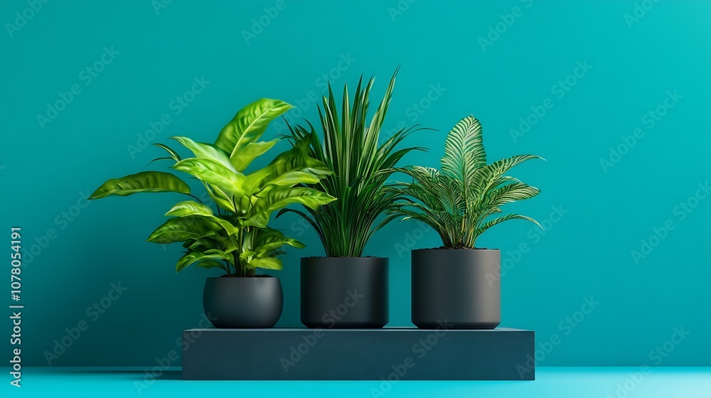 Obraz premium Three Small Trees on Blue Platforms