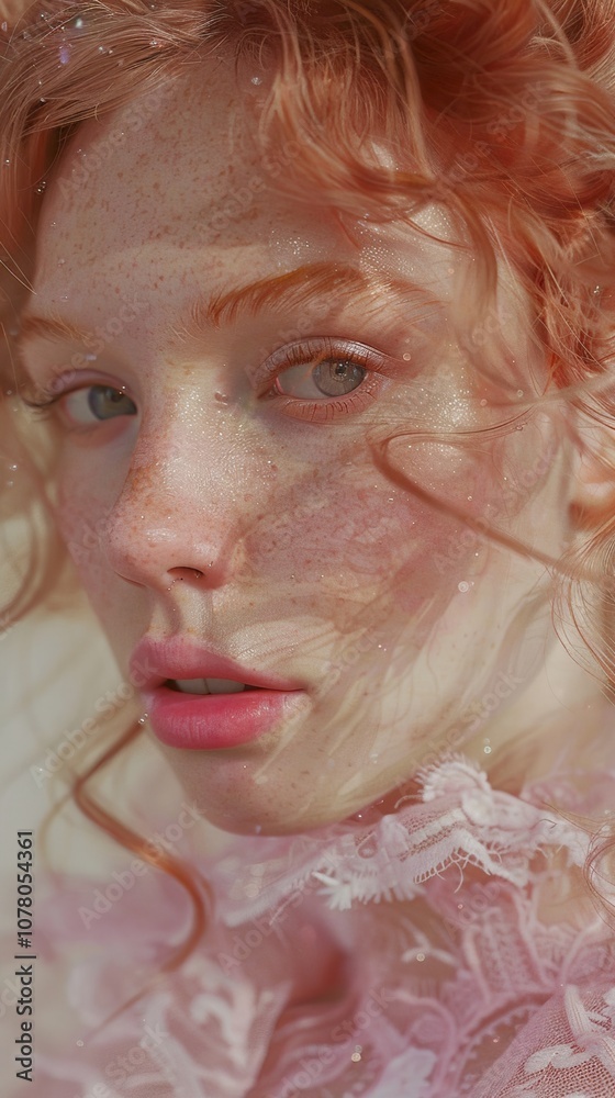 Close-up Portrait of a Woman with Red Hair and Freckles in a Delicate Pink Lace Dress Close-up Portrait of a Woman with Red Hair and Freckles in a Delicate Pink Lace Dress